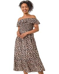 Roman - Petite Animal Print Bardot Midi Dress - Lyst