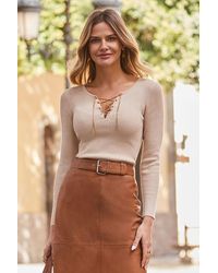 Sosandar - Champagne Metallic Knitted Top With Lace Up Detail - Lyst