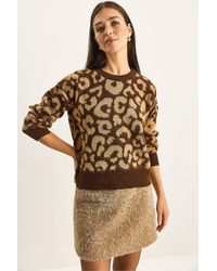 Bianco Lucci - Leopard Print Crew Neck Pullover Sweater - Lyst