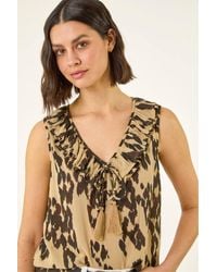 Roman - Abstract Print Frill Tie Front Top - Lyst