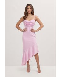 MissPap - Premium Satin Draped Bust Frill Hem Midi Dress - Lyst