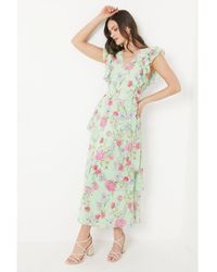 Oasis - Sage Floral Asymmetric Chiffon Ruffle Midi Dress - Lyst