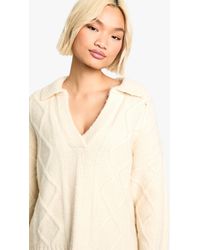Boohoo - Cable V Neck Collared Knit Jumper - Lyst