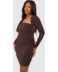 Boohoo - Plus Bengaline Lace Up Square Neck Corset Bodycon Dress - Lyst