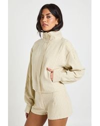 Boohoo - Funnel Neck Balloon Sleeve Zip Through Stripe Top - Lyst