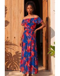 Roman - Floral Print Bardot Belted Maxi Dress - Lyst
