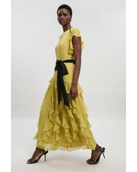 Karen Millen - Ruffle Detail Chiffon Belted Woven Maxi Dress - Lyst