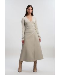 Karen Millen - Figure Form Pu Mix Tab Detail Pleated Knit Midi Dress - Lyst