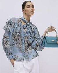 River Island - Blouse Floral Ruffle Tie Neck Button - Lyst