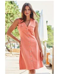 Sosandar - Coral Button Front Sleeveless Denim Dress - Lyst