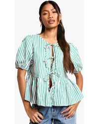 Boohoo - Wide And Stripe Tie Front Puff Sleeve Smock Top Cotton - Lyst