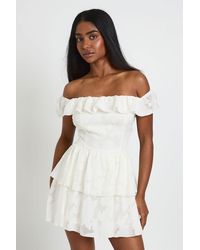 Boohoo - Textured Floral Bardot Mini Dress - Lyst