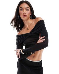 SNDY'S - Mesh Bardot Twist Overlay Detail Top - Lyst