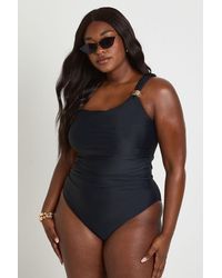 Boohoo - Plus Trim One Shoulder Ruched Swimsuit - Lyst