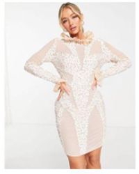 ASOS - Embellished Contour Mesh Mini Dress With Ruffle Neck And Sleeve - Lyst