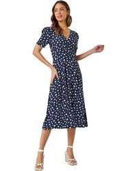 Roman - Polka Dot Ruched Sleeve Midi Dress - Lyst