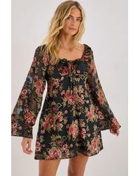 Nasty Gal - Floral Devore Tie Front Fluted Sleeve Mini Dress - Lyst