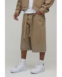 BoohooMAN - Washed Relaxed Fit Belted Rhinestone Denim Jorts - Lyst