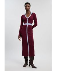 Karen Millen - Knit Rib With Contrast Waist Detail Collared Midi Dress - Lyst