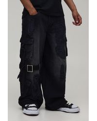 BoohooMAN - Extreme Washed Cargo Strap Detail Baggy Jeans - Lyst