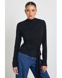 Boohoo - Cowl Neck Long Sleeve Tie Waist Top - Lyst