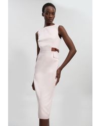 Karen Millen - Petite Tailored Linen Tab Waist Pencil Midi Dress - Lyst