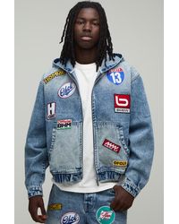 BoohooMAN - Moto Badge Boxy Denim Hoodie - Lyst