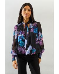 Wallis - Bold Floral Print Shirred Hem Tie Neck Top - Lyst