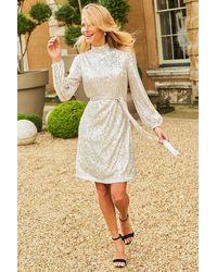 Sosandar - Champagne Sequin High Neck Belted Shift Dress - Lyst