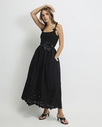 River Island - Midi Dress Poplin Broderie Tie Back Viscose - Lyst