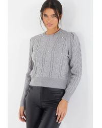 Quiz - Grey Cable Knit Pearl Jumper - Lyst