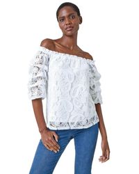 Roman - Paisley Lace Ruched Sleeve Bardot Top - Lyst