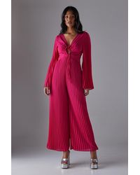 Warehouse - Chiffon Pleated Keyhole Flared Sleeve Jumpsuit - Lyst