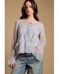 Oasis - Fluted Sleeve Lace Trim Blouse - Lyst