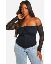 Boohoo - Plus Bardot Lace Hook And Eye Corset Top - Lyst