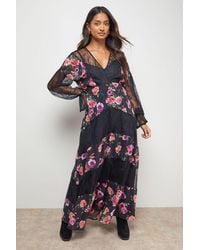 Oasis - Printed Lace Panel Detail V Neck Midaxi Dress - Lyst