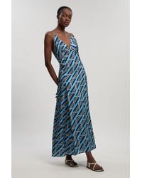 Karen Millen - Chain Print Hammered Satin Deep V Strappy Woven Maxi Dress - Lyst