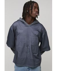 BoohooMAN - Oversized Boxy Varsity Applique Faux Layer Mesh Sports Top Hoodie - Lyst