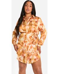 Boohoo - Plus Marble Printed Tie Belt Shirt Dress - Lyst