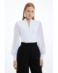 Karen Millen - Petite Bandage Figure Form Zip Detail Chiffon Sleeve Knit Top - Lyst