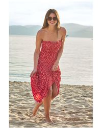 Sosandar - Red & White Spot Print Ruched Front Bandeau Jersey Dress - Lyst