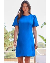 Sosandar - Cobalt Linen Puff Sleeve Shift Dress - Lyst