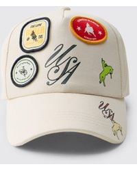 BoohooMAN - Printed Cap With Applique Patches & Contrast Visor - Lyst