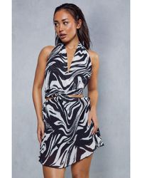 MissPap - Zebra Plisse Halterneck Tie Back Detail Mini Dress - Lyst