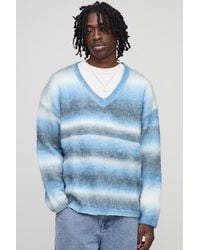 BoohooMAN - Oversized Boxy Brushed Stripe V Neck Knitted Sweater - Lyst