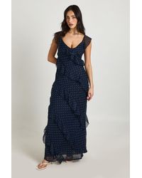 Boohoo - Chiffon Ruffle Polka Dot Strappy Maxi Dress - Lyst