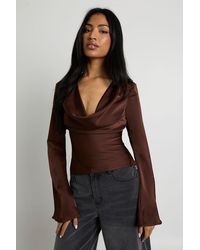 Boohoo - Long Sleeve Satin Cowl Neck Top - Lyst
