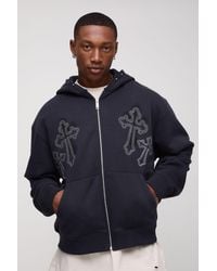 BoohooMAN - Oversized Boxy Cross Embroidered Zip Through Hoodie - Lyst