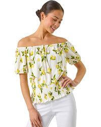 Roman - Petite Lemon Print Bardot Blouson Top - Lyst