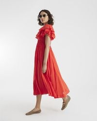 River Island - Midi Dress Frill Sleeve V-Neck Cotton - Lyst